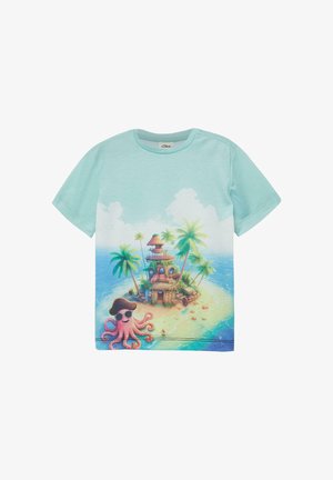 T-shirt léger bleu clair pour enfants avec une île colorée sur le thème des pirates, des palmiers et une pieuvre souriante portant un chapeau de pirate et des lunettes de soleil.