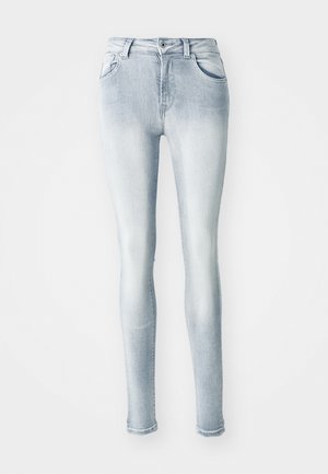 Lichtblauwe skinny jeans van denim, met een hoge taille, vijf zakken en subtiele vervaging langs de dijen. Verweerd zoomdetail.