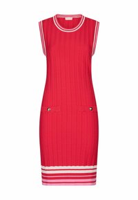 Rotes ärmelloses Kleid mit gerippter Textur, ausgestattet mit zwei Fronttaschen mit Metallakzenten und einem gestreiften Saum am Ausschnitt und am Ende.