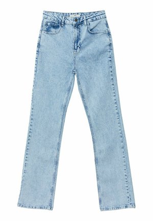 Ljust blå denimjeans med hög midja, raka ben, fem fickor och knäppning. Syddetaljer genom hela plagget.