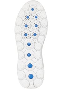 Semelle de chaussure en caoutchouc blanc avec des motifs circulaires, comprenant des accents circulaires bleus. Des perforations sur l'ensemble de la semelle améliorent la respirabilité.