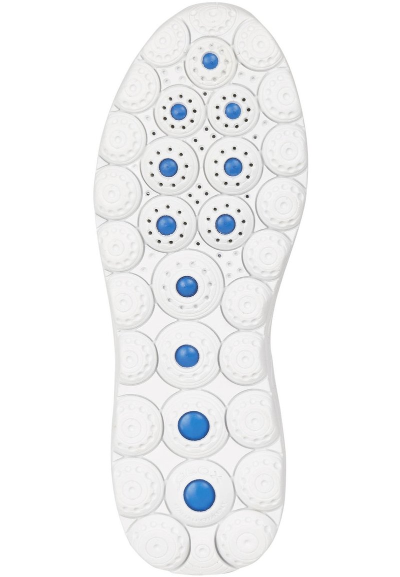 Suela de zapato de goma blanca con patrones circulares, que presenta acentos circulares azules. Las perforaciones en toda la suela mejoran la transpirabilidad.