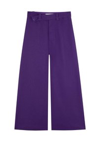 Pantaloni a gamba larga in tessuto viola vivace; presentano una vita alta con passanti per cintura e dettaglio con bottone, texture liscia, senza motivi visibili.