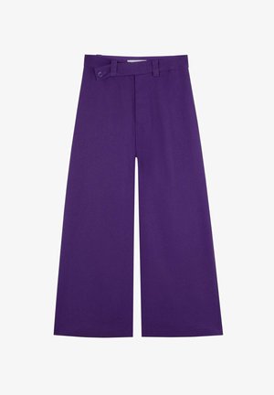 Wide-leg trousers in vibrant purple fabric; features a high waist with a belt loop and button detail, smooth texture, no visible patterns.