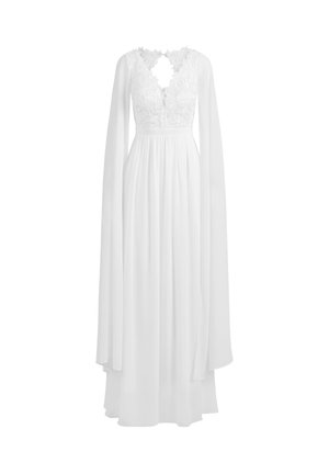 White dress featuring a lace bodice, long flowing sleeves, and a keyhole back. The skirt is long and loose, made from lightweight fabric.