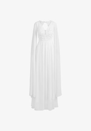 White dress featuring a lace bodice, long flowing sleeves, and a keyhole back. The skirt is long and loose, made from lightweight fabric.