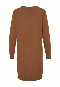 Abito maglione marrone con maniche lunghe e scollo rotondo, caratterizzato da un orlo e polsini a costine, che offre una texture liscia e morbida.