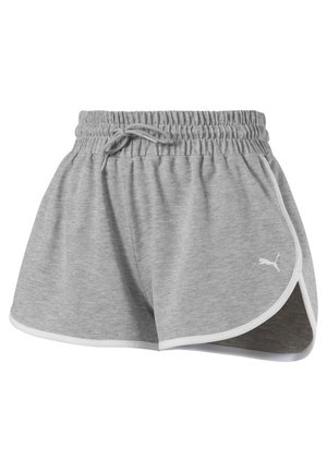 Szare sportowe spodenki Puma z elastycznym paskiem i sznurkiem, białe obszycie wzdłuż zakrzywionego dołu oraz logo Puma na lewym udzie.