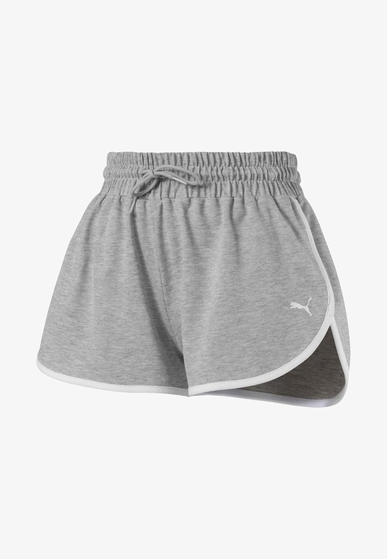 Short de sport gris Puma avec taille élastique et cordon, bordure blanche le long de l'ourlet incurvé et logo Puma sur la jambe gauche.