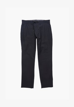Pantalons noirs avec une taille à cordon, coupe droite, tissu doux et poches latérales. Comprend des coutures contrastées et un design minimaliste.