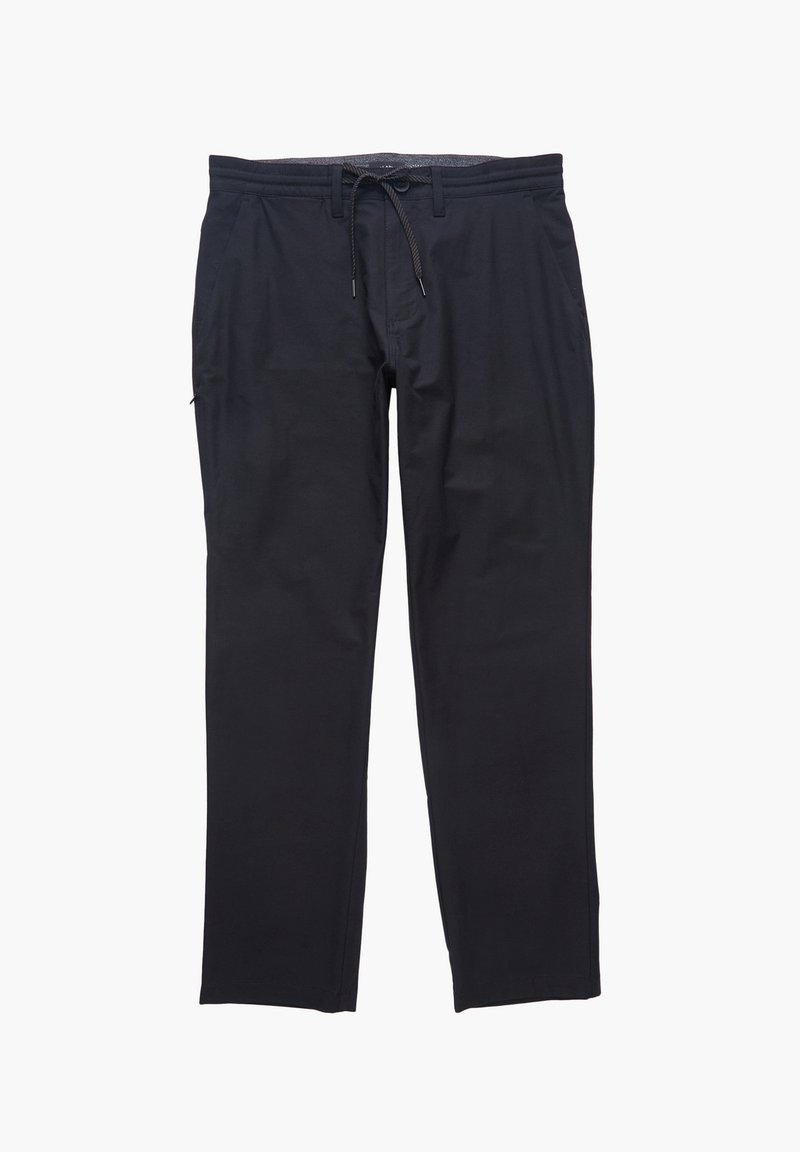 Pantalons noirs avec une taille à cordon, coupe droite, tissu doux et poches latérales. Comprend des coutures contrastées et un design minimaliste.
