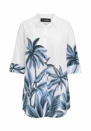 White button-up shirt with rolled sleeves featuring blue and gray tropical palm tree and leaf patterns.