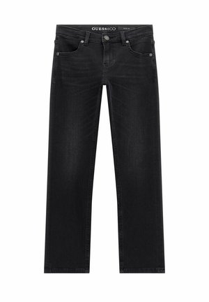 Jeans in denim nero con design a gamba dritta, leggero effetto tirato, stile a cinque tasche e chiusura con bottone metallico.