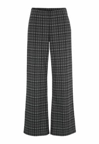 Brede pijpenbroek met een zwart, grijs en lichtblauw ruitpatroon, voorzien van een hoge taille en een rechte zoom.