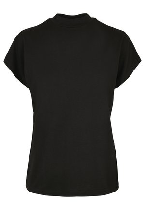 Black cotton t-shirt with a high neckline, short sleeves, and a loose fit. Smooth texture and side slits at the hem for ease of movement.