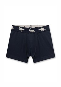 Marineblaue Baumwollboxershorts mit einem weichen elastischen Bund, der mit einem cremefarbenen Dinosaurierdruck versehen ist. Enthält einen Hosenschlitz und nahtlose Seiten.