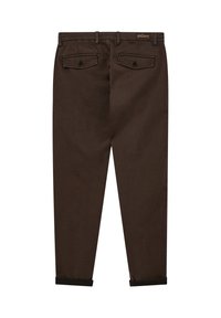 Brown cotton pants with a tailored fit, featuring two back pockets, black buttons, and rolled cuffs. "gallery." logo stitched on waistband.