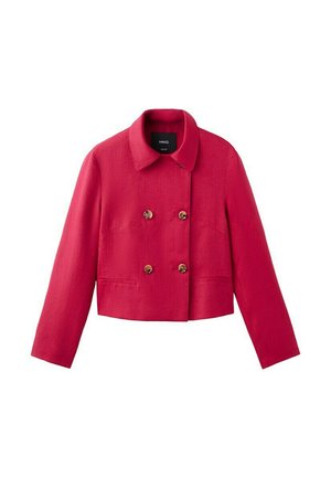 Veste rouge courte à double boutonnage avec quatre boutons marron, manches longues, col et deux poches fendues à l'avant.
