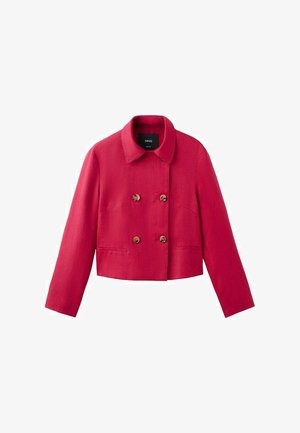Veste rouge courte à double boutonnage avec quatre boutons marron, manches longues, col et deux poches fendues à l'avant.