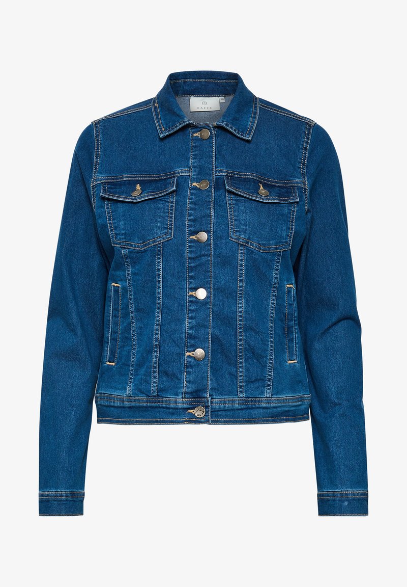 Jeans jakna temno modre barve s klasikim ovratnikom, dvema sprednjima žepoma, srebrnimi gumbi in kontrastnimi šivi. Prilagojena zasnova.