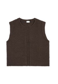 Veste en tricot marron avec un col rond, sans manches, et un tissu texturé. Comprend une ouverture frontale et des détails en côtes.