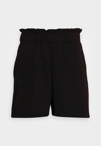 Zwarte shorts met een gerimpelde elastische tailleband, voorzien van plooien voor extra textuur en een losse pasvorm, gemaakt van lichtgewicht materiaal.