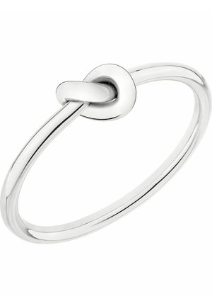 Silberring mit einer glatten, polierten Oberfläche, einem ovalen Knoten-Detail und einem minimalistischen Design mit einem dünnen Band.