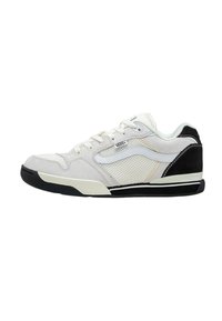 White and black sneaker with a suede and mesh upper, rounded toe, lace-up design, and rubber sole with a textured pattern.