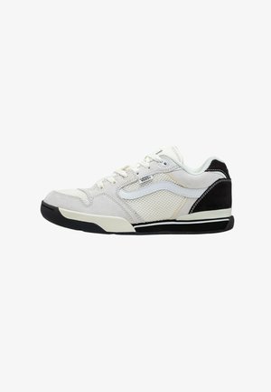 White and black sneaker with a suede and mesh upper, rounded toe, lace-up design, and rubber sole with a textured pattern.