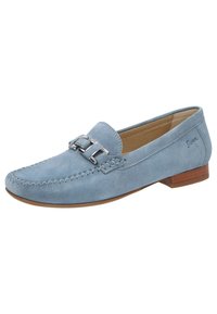 Himmelblaue WildlederSlipper mit gesticktem Design und metallischem Akzent auf der Vorderseite. Flacher Holzabsatz. Glattes Innenfutter.