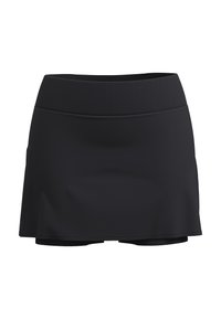 Musta aktiivihame leveällä ribbineulosta valmistetulla vyötärällä, valmistettu sileästä kankaasta. Lyhyt pituus, alla kiinteät shortsit. Yksinkertainen muotoilu, ei kuvioita.