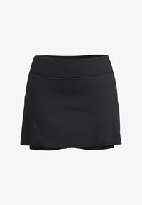 Falda activa negra con una amplia cinturilla acanalada, hecha de una tela suave. De longitud corta con pantalones cortos incorporados debajo. Diseño sencillo, sin patrones.