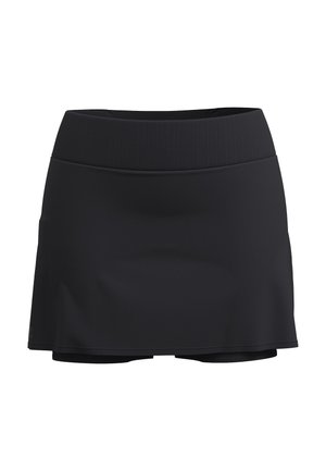 Black active skirt with a wide ribbed waistband, made of smooth fabric. Short length with built-in shorts underneath. Simple design, no patterns.