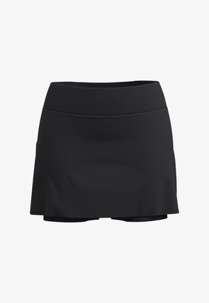 Black active skirt with a wide ribbed waistband, made of smooth fabric. Short length with built-in shorts underneath. Simple design, no patterns.