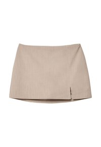 Beige přiléhavá sukně s texturovanou tkaninou, která má malý boční rozparek. Jednoduchý design postrádá další kovové prvky či vzory.