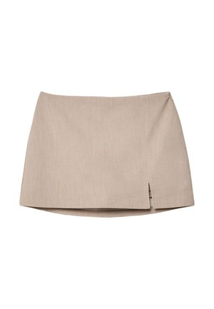 Beige Taillierte Rock aus strukturiertem Stoff mit einem leichten seitlichen Schlitz. Einfaches Design ohne zusätzliches Zubehör oder Muster.