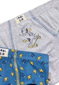 Dos pares de ropa interior infantil: uno gris con un gráfico de un perro en patineta, otro azul con patrones de relámpagos amarillos y la etiqueta "NIÑO COOL".