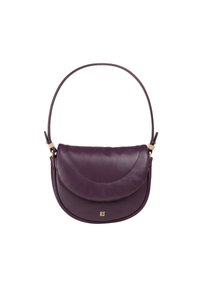 Purple leather handbag with a curved flap design. Features a gold-tone hardware accent and a slim, flexible shoulder strap.