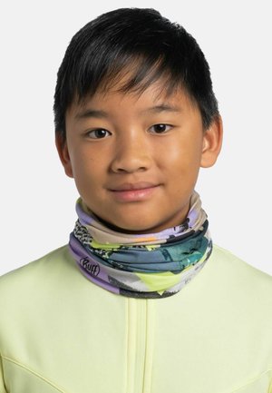 Gaiter para el cuello de múltiples patrones en tela suave y elástica; con tonalidades de púrpura, verde y beige que presentan un detalle de logo y un diseño gráfico combinado.