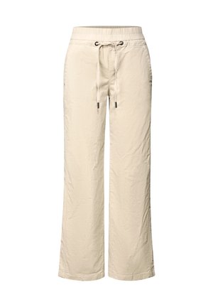 Pantalons beige à coupe décontractée en tissu léger. Dotés d'une taille élastique avec cordon de serrage, de jambes larges et d'une finition texturée.