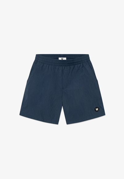 Shorts bleu marine en tissu léger, dotés d'une taille élastique, de poches latérales et d'un petit logo noir.