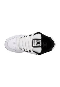 White high-top sneaker with black accents, textured laces, and perforated toe design. Features a padded collar and printed logo on tongue.