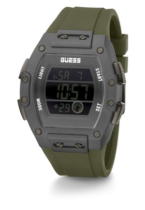 Montre numérique avec boîtier en polycarbonate gris et bracelet en silicone vert. Elle présente un affichage numérique, des boutons sur les côtés et des accents matériels texturés.