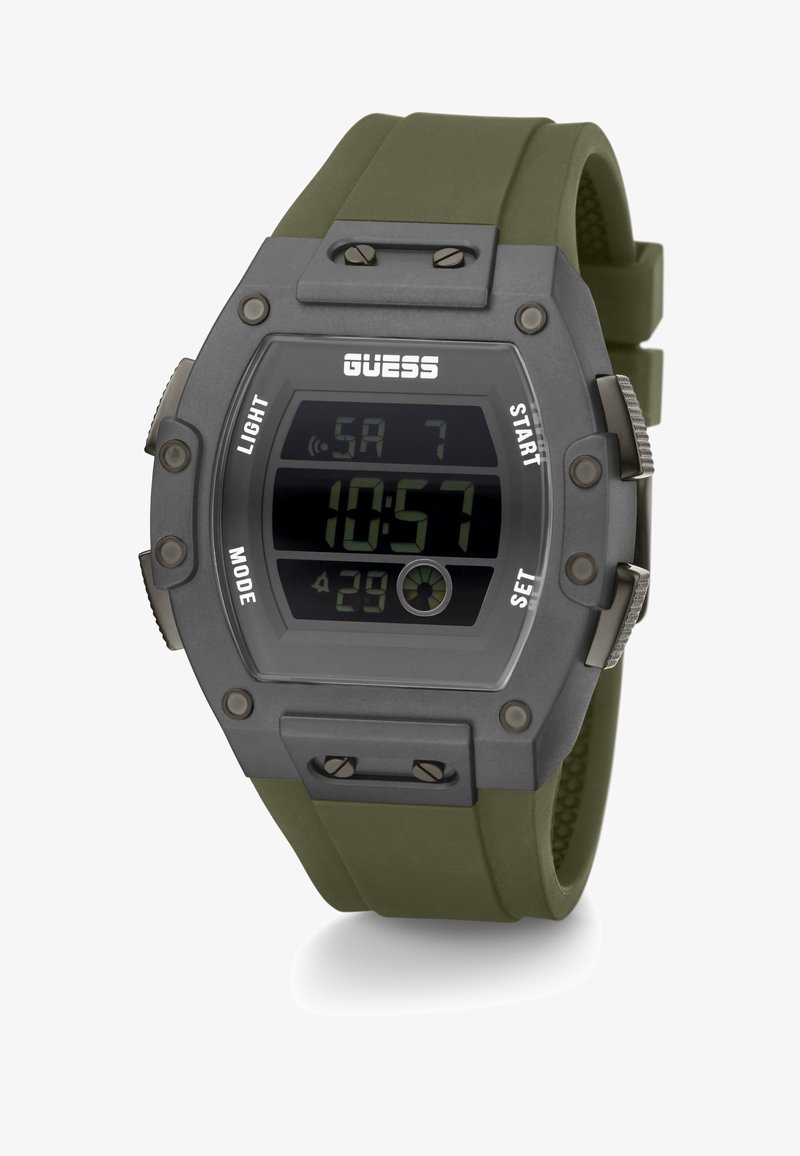 Orologio digitale con cassa in policarbonato grigio e cinturino in silicone verde. Dotato di display digitale, pulsanti sui lati e dettagli in metallo texturizzato.
