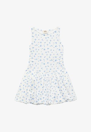 Vestido de niña blanco sin mangas con falda con volantes y pequeño estampado de flores azules en todo.