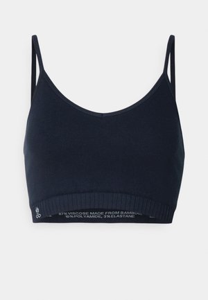 Navy blue bralette made from bamboo-viscose blend. Features thin straps, a rounded neckline, and a ribbed underband with care instructions.