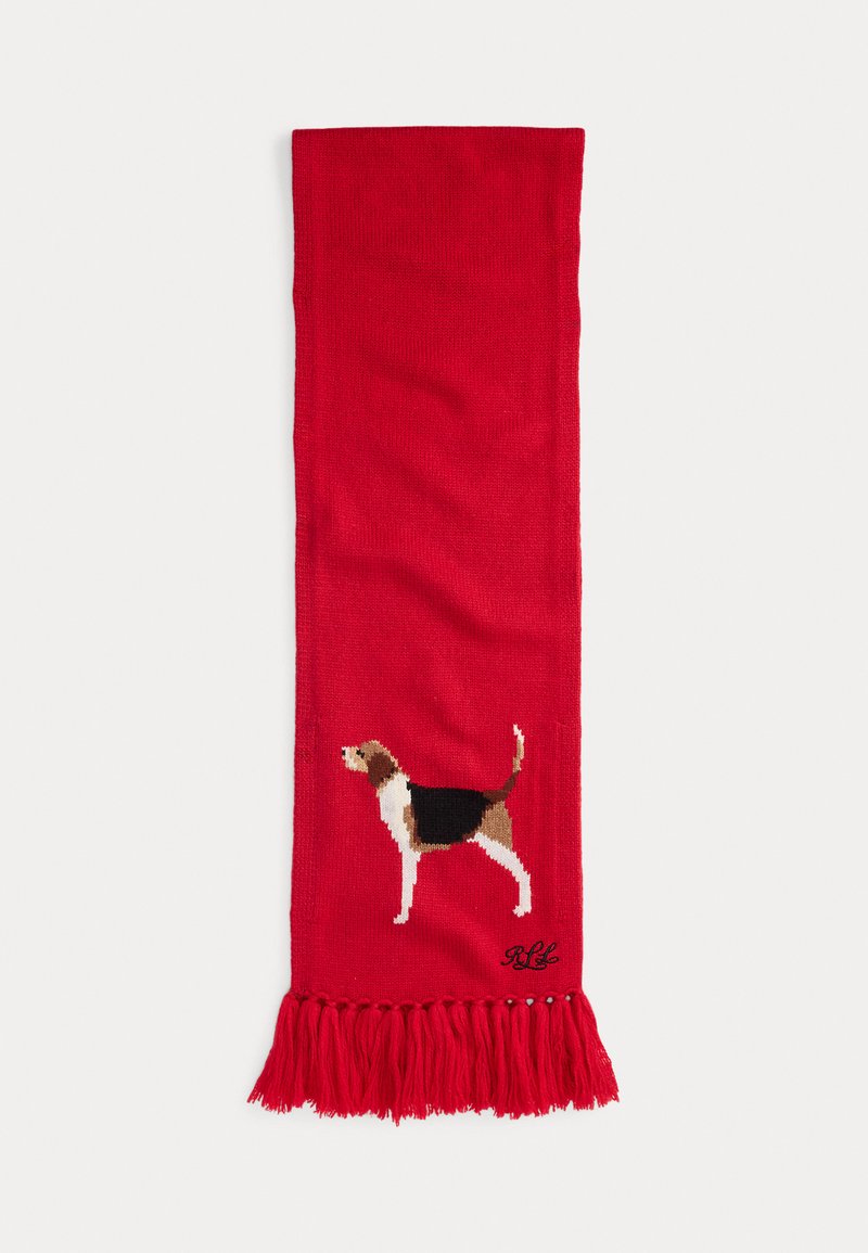 Fular tricotat roșu cu capete franjurate, având un design de beagle tricotat în negru, maro și alb pe o parte.