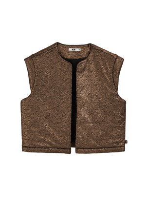 Bronzen vest met een gestructureerde, metalen afwerking, voorzien van korte mouwen en een open voorkant. Zwarte voering en minimale details.