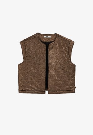 Bronzinė liemenė su tekstūruotu, metaliniu paviršiumi, turinti trumpas rankoves ir atvirą priekinį dizainą. Juoda pamušala ir minimalūs dekoratyviniai elementai.