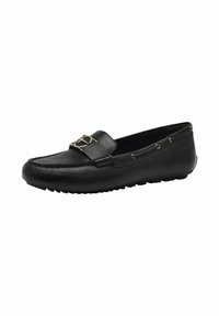 Svarta läderskor i loafer-stil med sömnadsdetaljer, en gold-tone hårdvaruaccent och gummisålar för halkbeständighet.